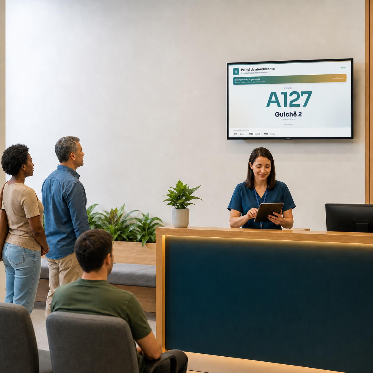 Ambiente de atendimento com o painel real do Centrilize Flow na TV e atendente usando um tablet