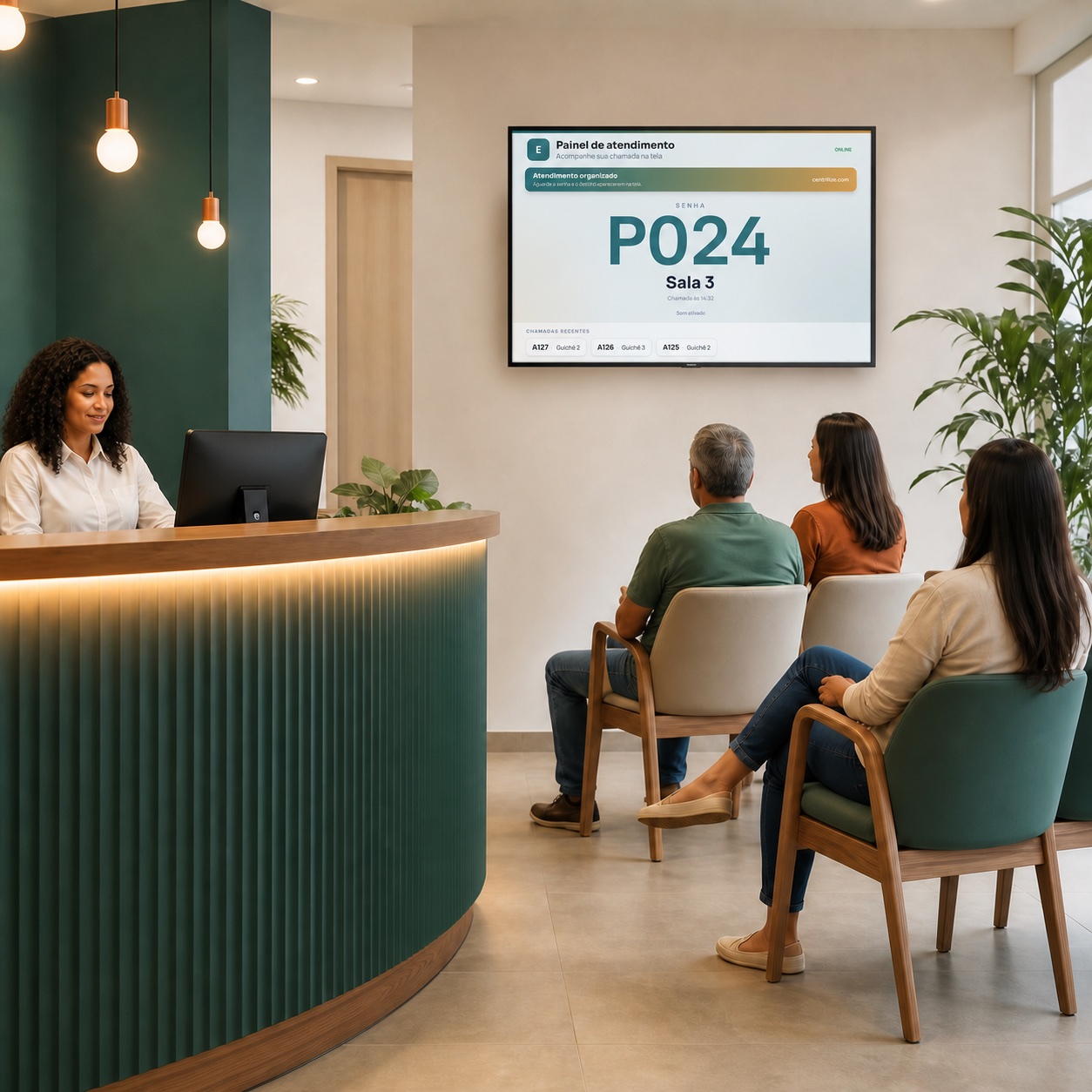 Recepção de saúde com o painel real do Centrilize Flow exibindo uma chamada anônima na TV